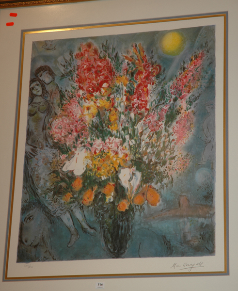 Appraisal: MARK CHAGALL COUPLE WITH BOUQUET LITHOGRAPH WITH PRINTED SIGNATURE