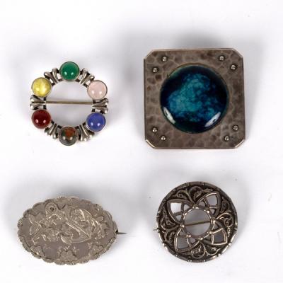 Appraisal: A Plantagenet pewter square brooch centered by a Ruskin type