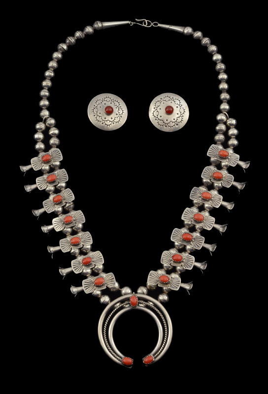 Appraisal: STERLING SQUASH BLOSSOM NECKLACE Silver set with coal cabochons blossoms