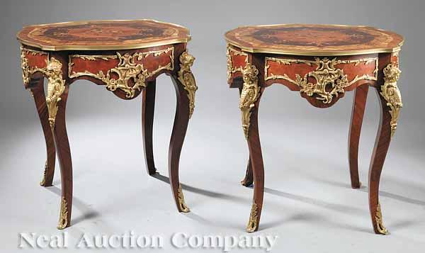 Appraisal: A Pair of Louis XV-Style Marquetry and Gilt Bronze-Mounted Tables