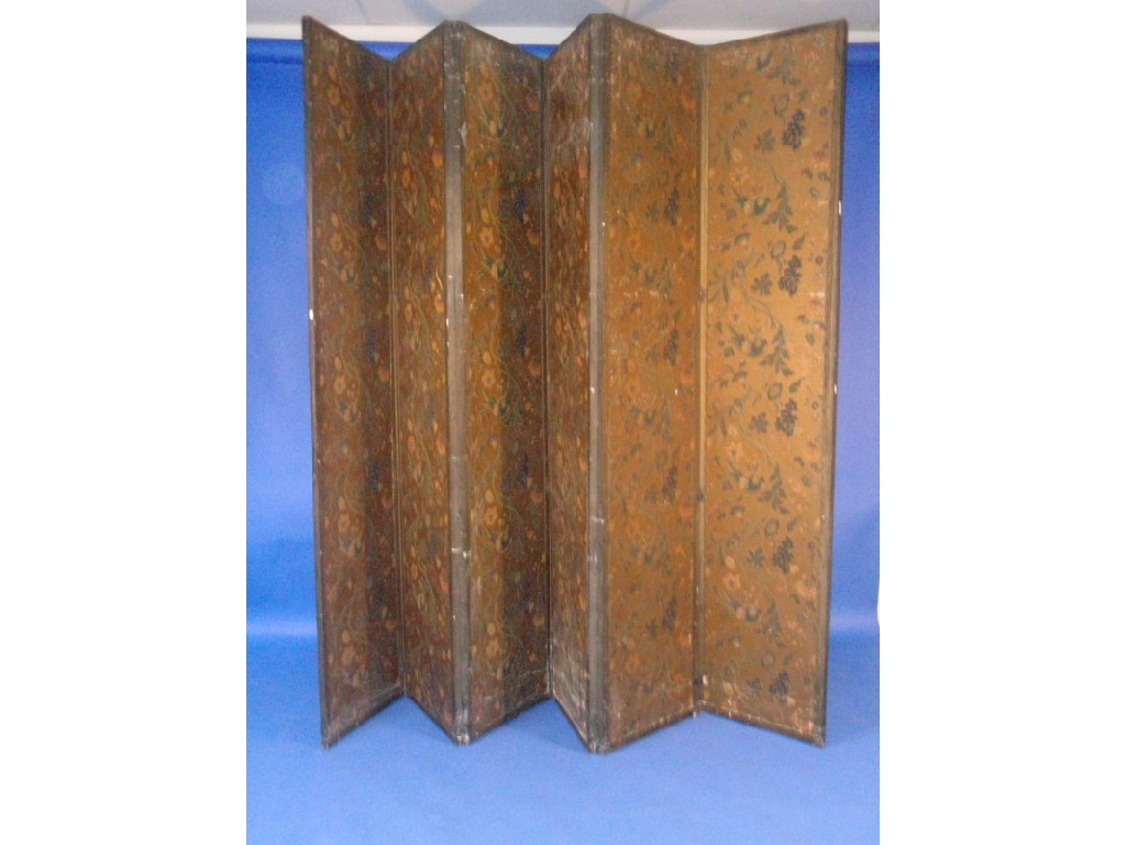 Appraisal: A Victorian painted and embossed six-fold screen each panel high