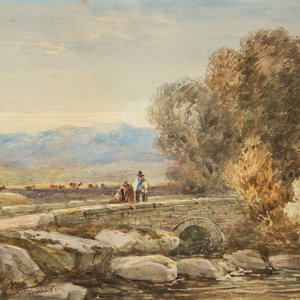 Appraisal: David Cox British - Travelers on a Bridge in Wales