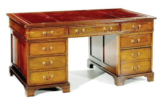 Appraisal: Georgian style mahogany pedestal desk circa rectangular top with maroon