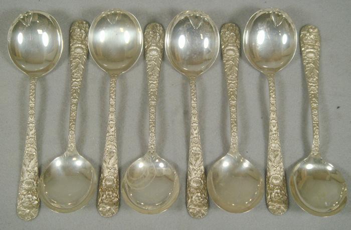 Appraisal: S Kirk Son Repousse sterling silver soup spoons no mono