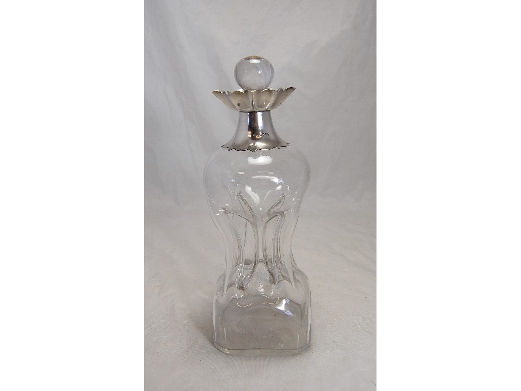 Appraisal: Victorian square based 'gug-glug' decanter with silver collar and rim