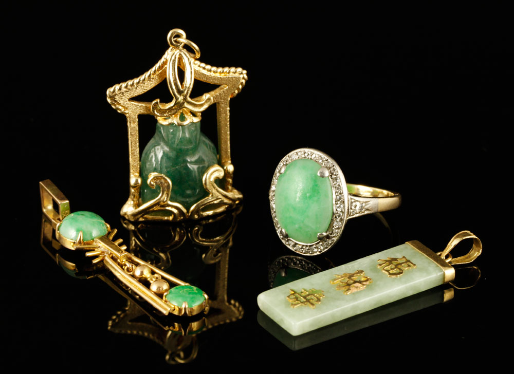 Appraisal: - Gold and Jade Pieces of Jewelry Lot of four