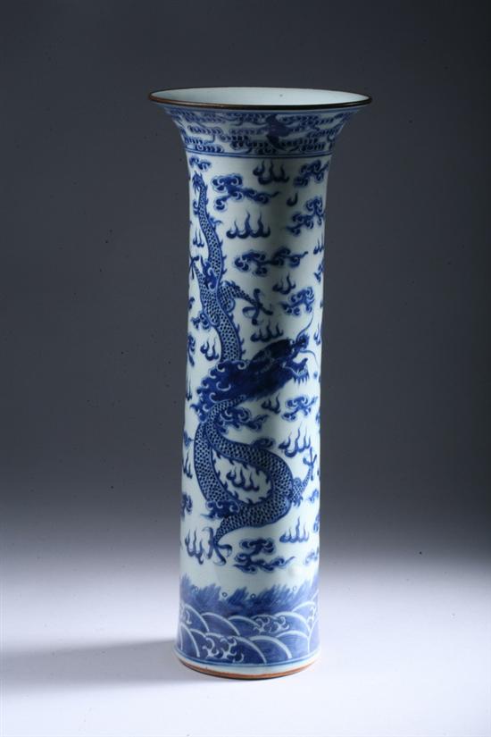 Appraisal: CHINESE BLUE AND WHITE PORCELAIN VASE Qing Dynasty Cylindrical-form with