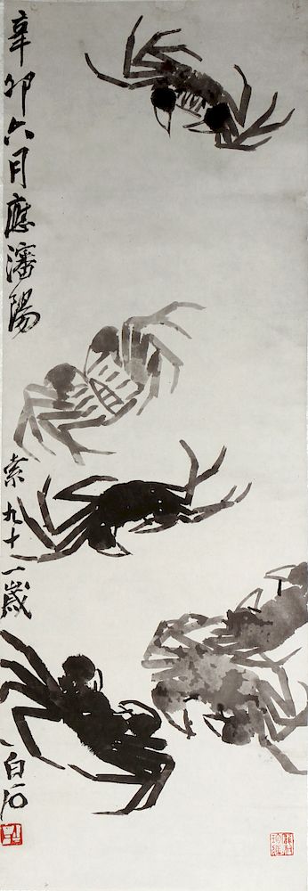 Appraisal: Chinese Hanging Scroll Ink on paper depicting crabs inscribed with