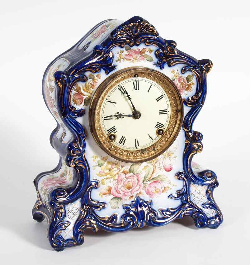 Appraisal: ANSONIA WYOMING PORCELAIN MANTLE CLOCK Flow blue with applied transfer