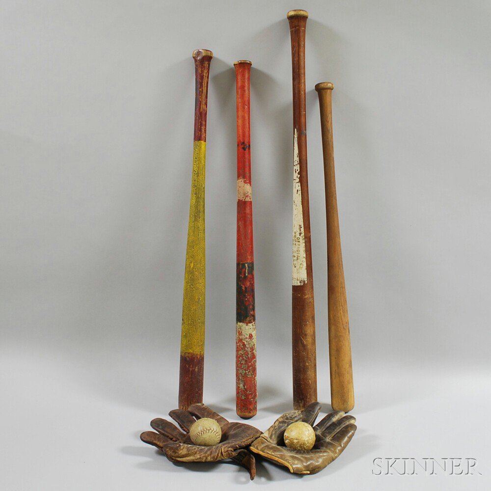 Appraisal: Small Group of Baseball Equipment four baseball bats three painted