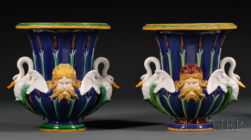 Appraisal: Pair of Minton Majolica Swan Vases England late th century