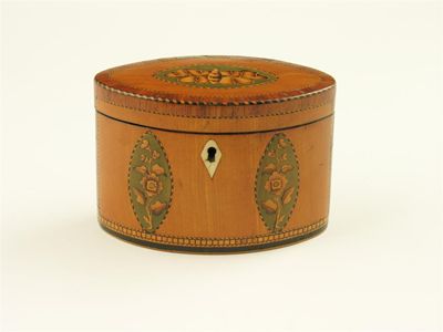 Appraisal: A George III satinwood navette tea caddy the front inlaid