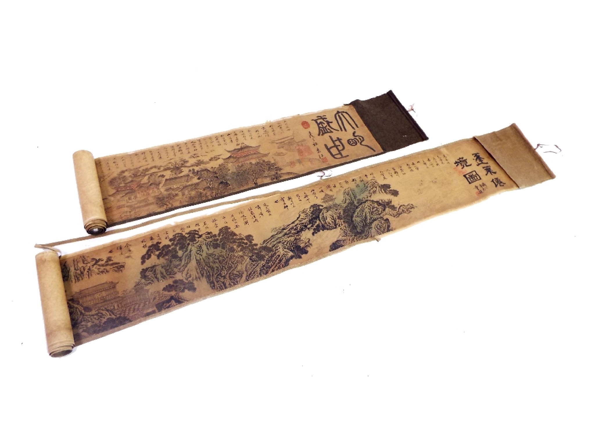 Appraisal: Two similar Japanese scrolls decorated with figures pagodas and landscapes