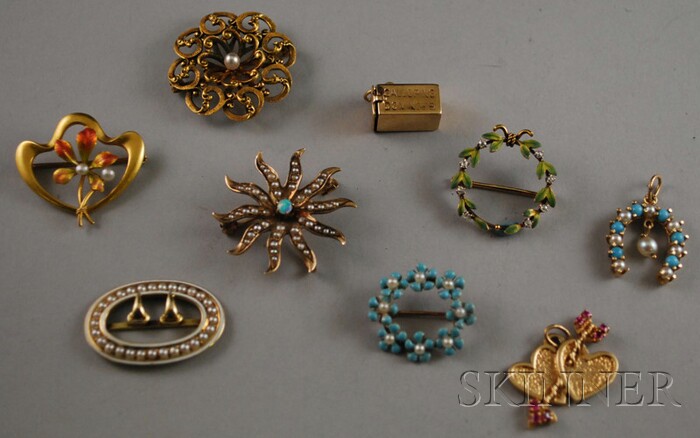 Appraisal: Nine Antique Jewelry Items including a kt gold enamel and