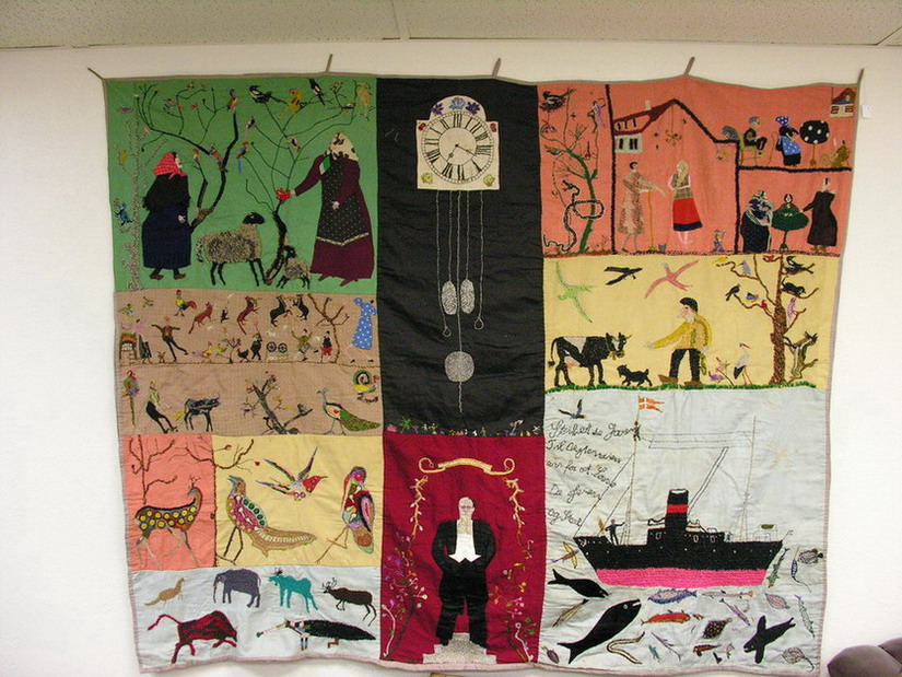 Appraisal: IMMIGRANT OR SHIP QUILT FOLK ART TAPESTRY hand stitched scenes