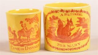 Appraisal: Two Canary Yellow Brown Transfer Childs Mugs Two Early th