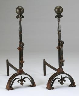 Appraisal: Bronze andirons h Pair of bronze andirons with ball-topped two-stepped