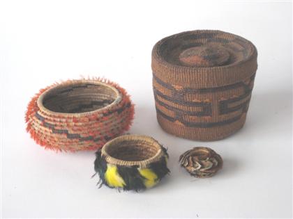 Appraisal: Four Northwestern small baskets tlingit and pomo Covered cylindrical Tlingit