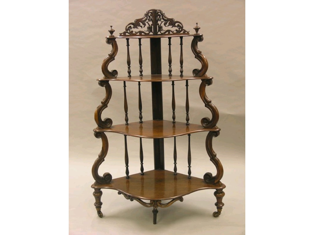 Appraisal: A Victorian corner-fitting rosewood Whatnot four serpentine fronted tiers supported