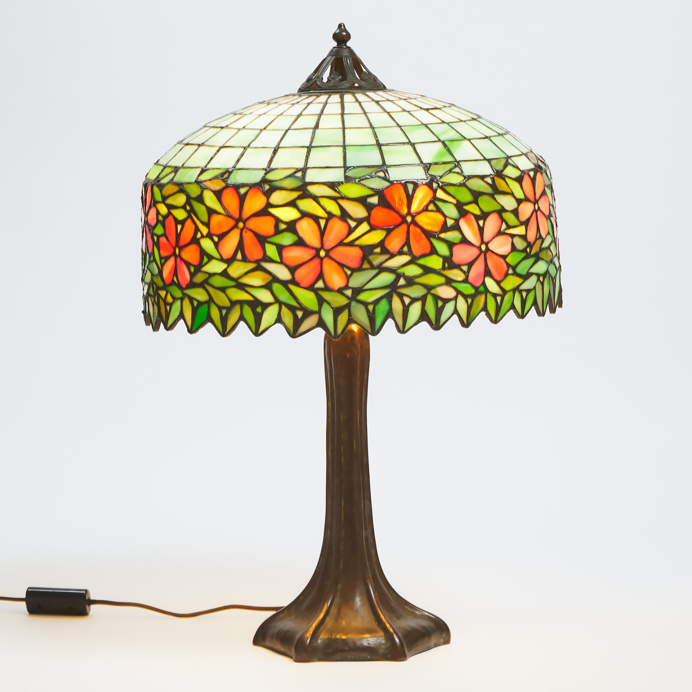 Appraisal: Handel Patinated Bronze Table Lamp with Floral Banded Leaded Mosaic