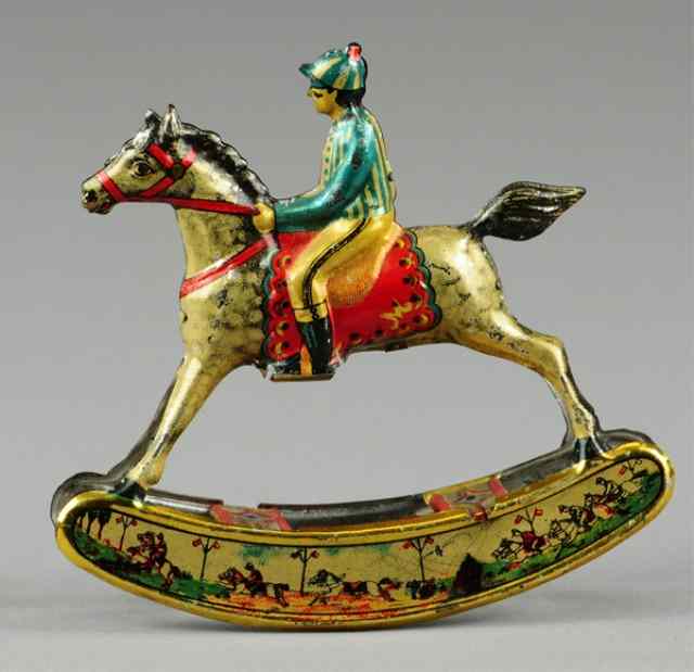 Appraisal: JOCKEY ON HORSE ROCKING PENNY TOY Meier Germany lithographed tin