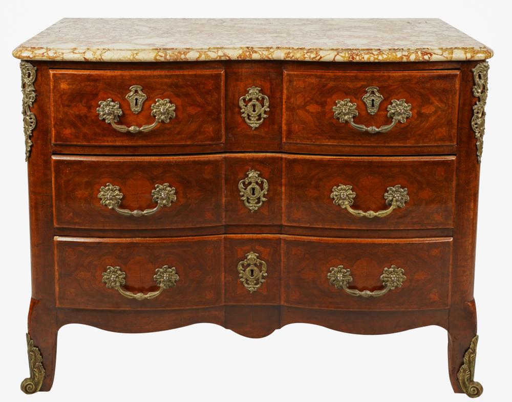 Appraisal: MARBLE TOP MARQUETRY COMMODEafter having to short drawers over two