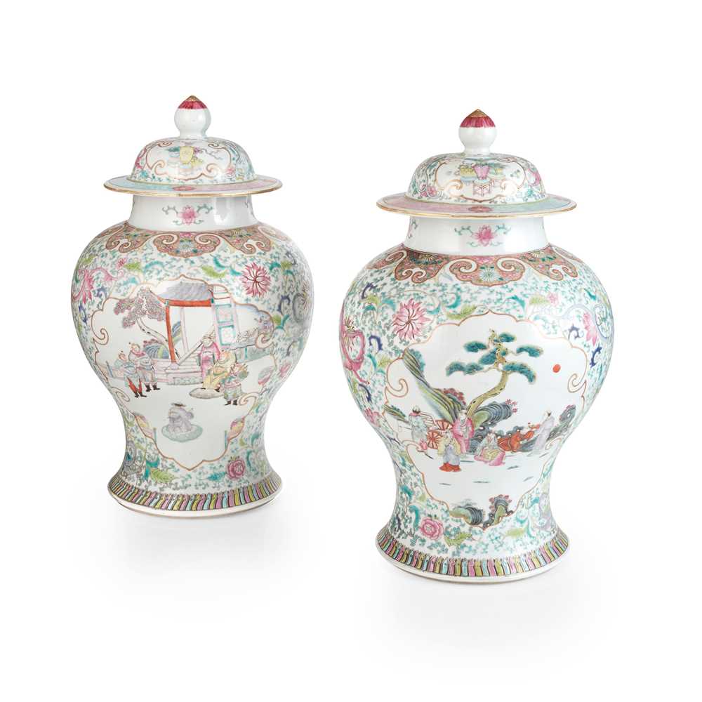 Appraisal: PAIR OF FAMILLE ROSE BALUSTER VASES WITH COVERS QIANLONG MARK