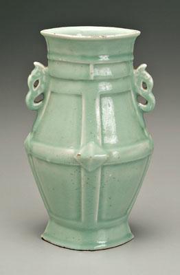 Appraisal: Chinese celadon vase flattened baluster form with scrolled handles raised