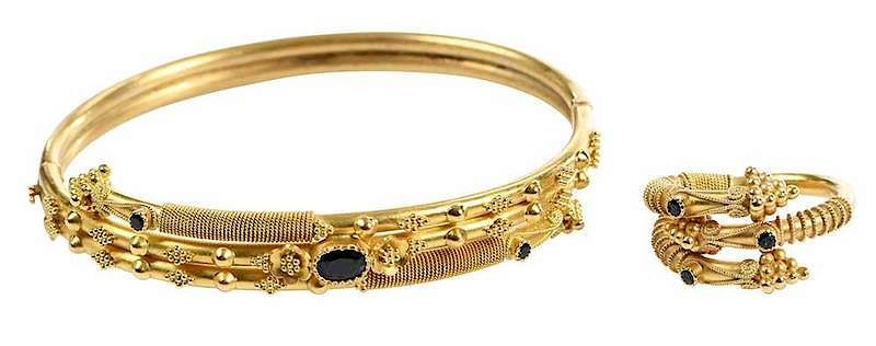 Appraisal: kt Sapphire Bracelet and Ring Set modern Etruscan Revival style