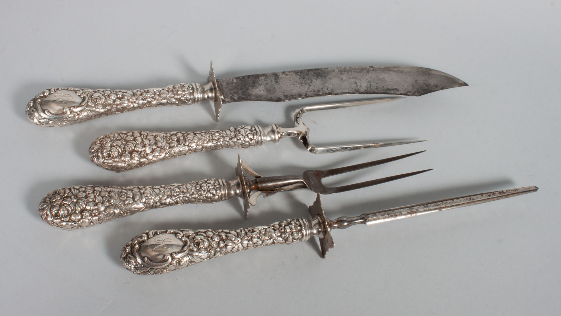 Appraisal: American repousse sterling roast carving set in the Rose pattern