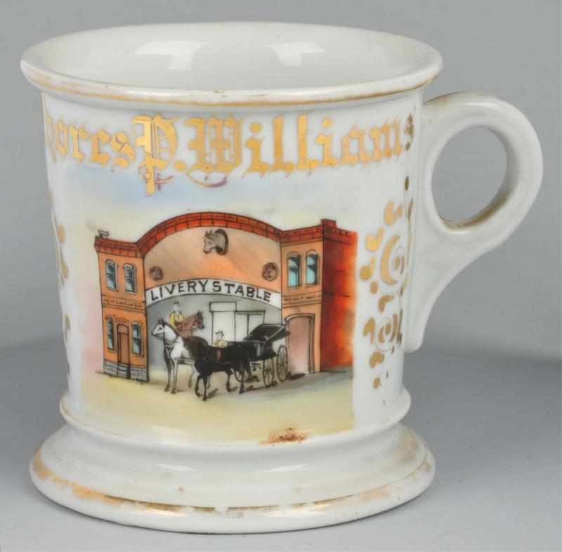 Appraisal: Livery Stable Scene Shaving Mug Gilded Sbores P Williams Augustus