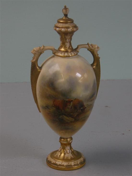 Appraisal: Royal Worcester baluster shaped twin-handled vase and cover painted with