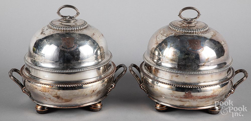 Appraisal: Sheffield silver plate covered warming dishes Pair of Sheffield silver