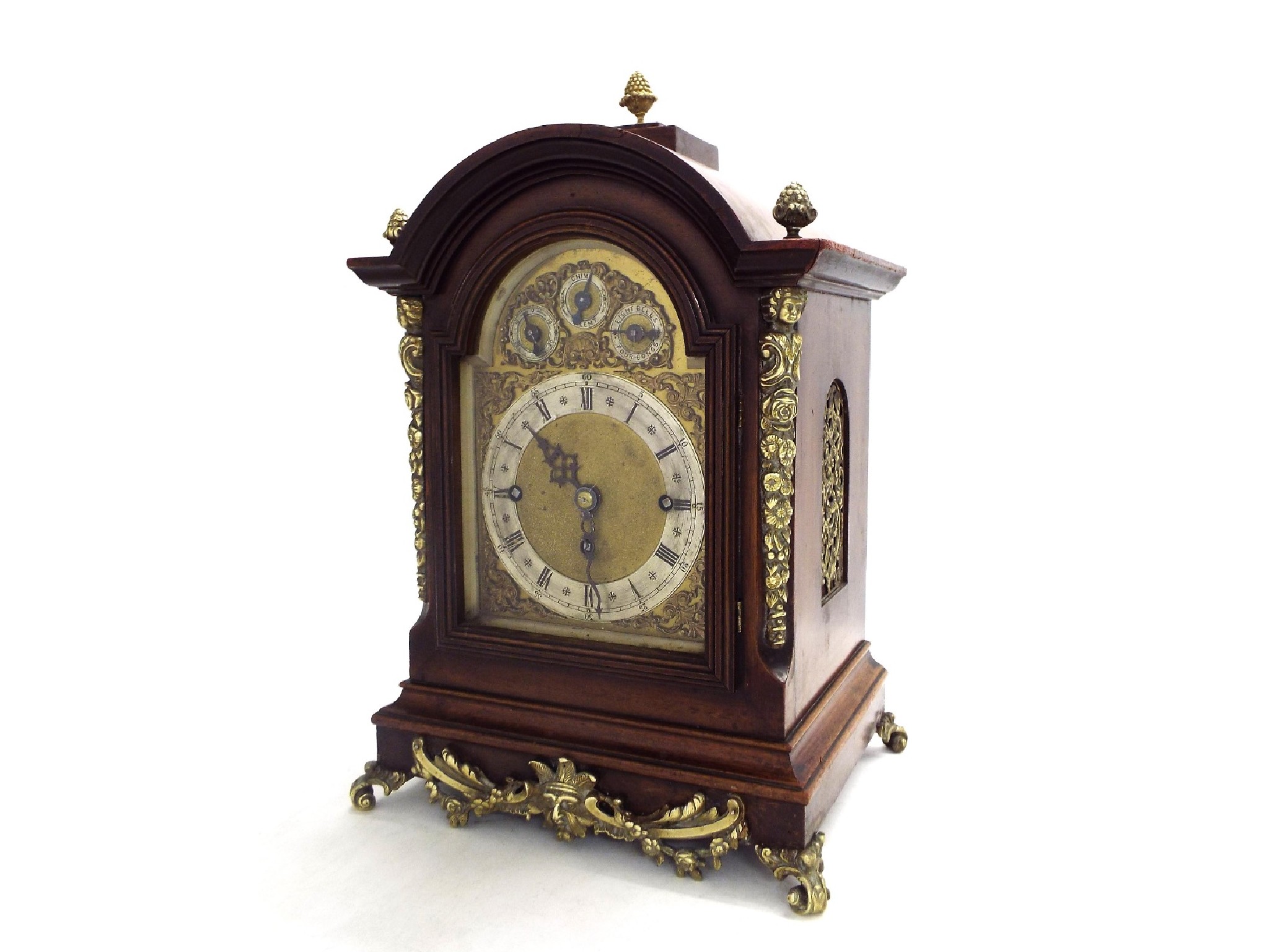 Appraisal: English walnut triple fusee bracket clock the movement playing on