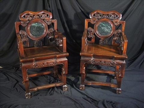 Appraisal: PAIR CHINESE HARDWOOD CHAIRS WITH MARBLE INSERTS h w in