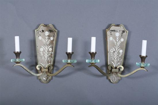 Appraisal: FOUR FRENCH ART DECO BRONZE AND GLASS TWO-LIGHT SCONCES Circa