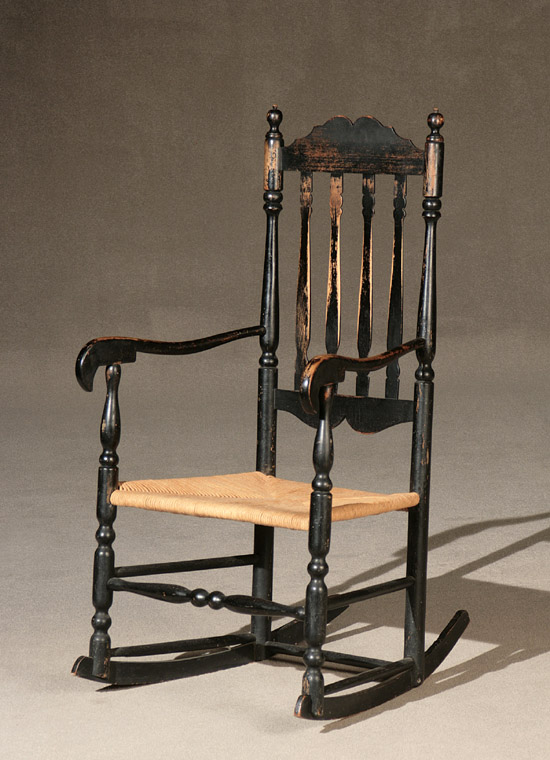 Appraisal: Queen Anne Black Painted and Turned Maple Banister-Back Rush-Seat Arm