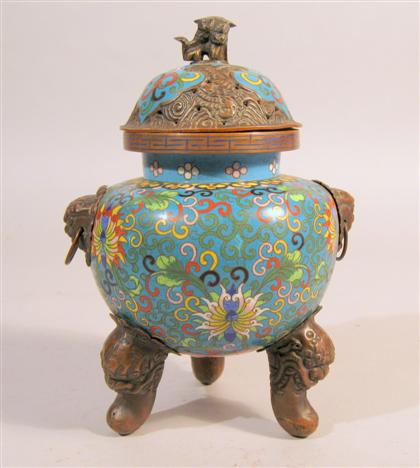 Appraisal: Chinese copper and enamel tripod censer th century Fu lion