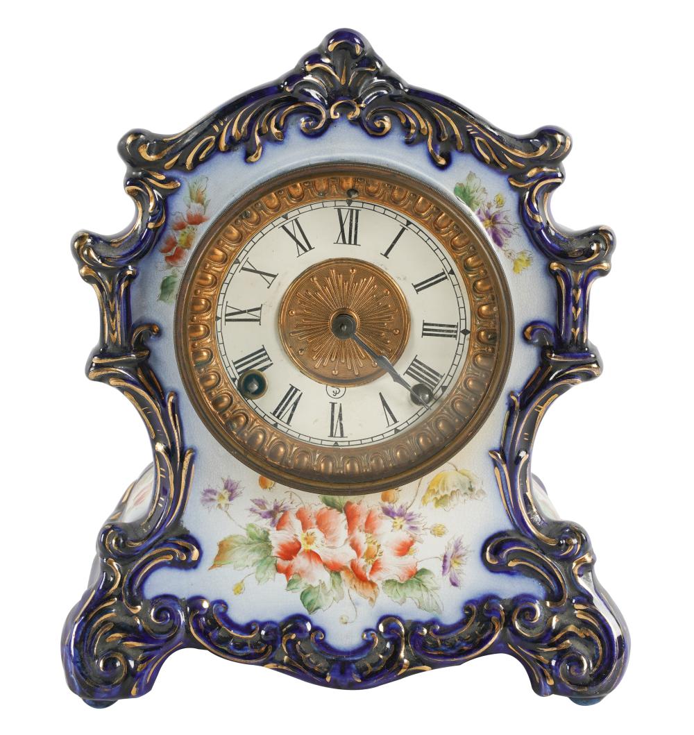 Appraisal: ANSONIA TEHAMA PORCELAIN MANTEL CLOCKsigned TEHAMA verso with pendulum Provenance