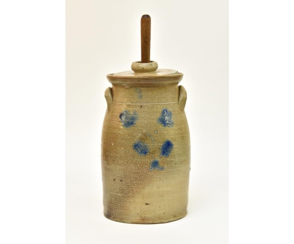 Appraisal: Three gallon stoneware butter churn th c with blue decorations