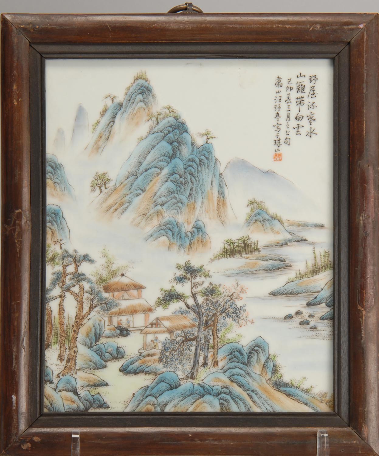 Appraisal: FRAMED PORCELAIN TILE PAINTING With mountain landscape design Marked with