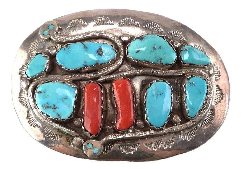 Appraisal: EFFIE CALAVAZA STERLING TURQUOISE SERPENT BUCKLENative American Zuni sterling silver