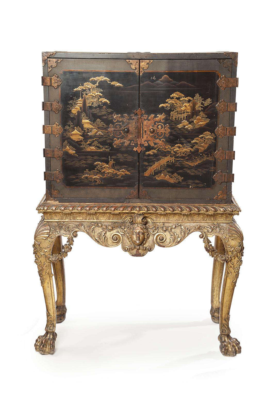 Appraisal: JAPANESE BLACK AND GILT LACQUER CABINET ON ENGLISH GILTWOOD STAND