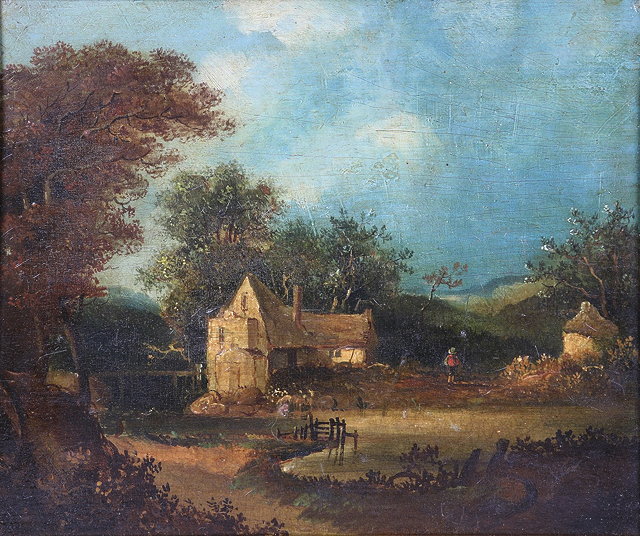 Appraisal: TH CENTURY ENGLISH SCHOOLRiver landscape with country dwelling and figure