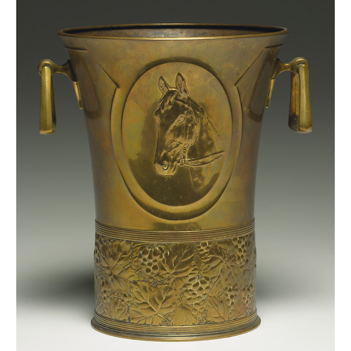 Appraisal: Orivit vase hammered copper with horse and grape designs two