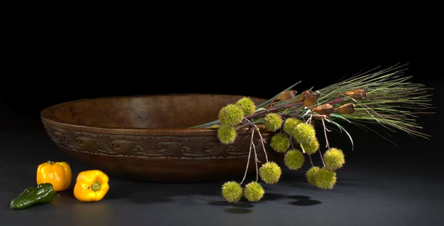 Appraisal: Monumental Provincial Scroll-Carved Fruitwood Fruit-Drying Bowl of the traditional type