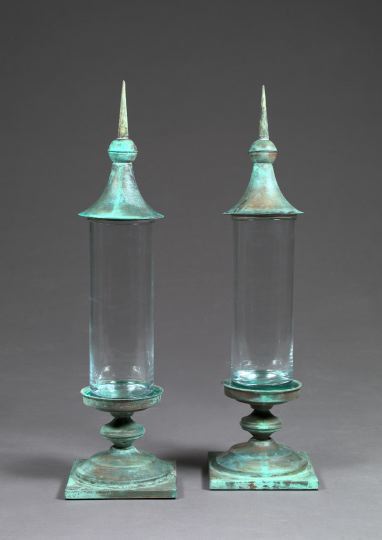 Appraisal: Large Pair of French Provincial Verdigris-Patinated Copper and Colorless Glass