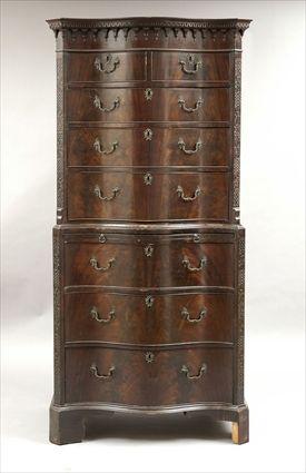 Appraisal: George III-Style Mahogany Serpentine-Front Chest on Chest with Brushing Slide