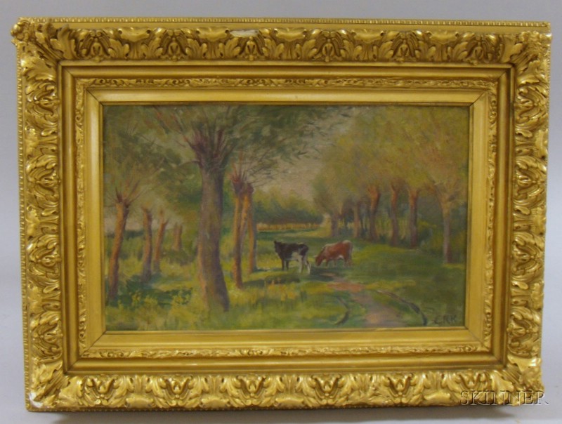 Appraisal: Framed Oil on Canvas Landscape with Cows Watering by Edward