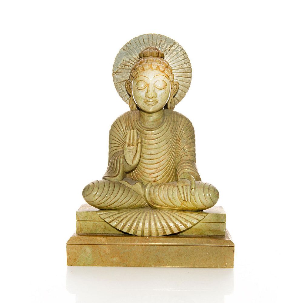 Appraisal: CARVED HARD STONE SCULPTURE BUDDHA Calm seated buddha with raised